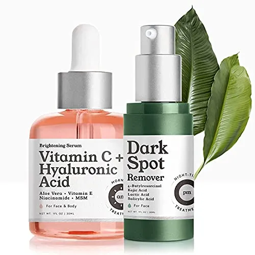 AM/PM Dark Spot Corrector Treatment - Overnight Kojic Acid Dark Spot Remover for Face /Body   AM Vitamin C Hyaluronic Acid Retinol Serum for Face, Tranexamic Acid Age Spot Acne Scar Treatment for Face